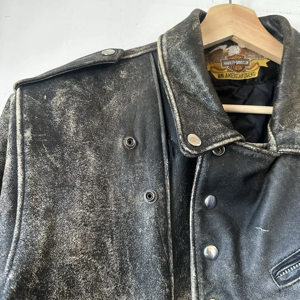 Vintage Harley Davidson Distressed Faded Black Leather Moto Jacket Men's Large
